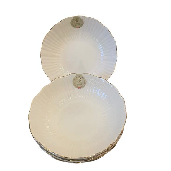 Eaton Fine Dining Porcelain 8.5in Pasta Bowl Set of 4 Aubrey White Gold Trim New - Picture 4 of 14